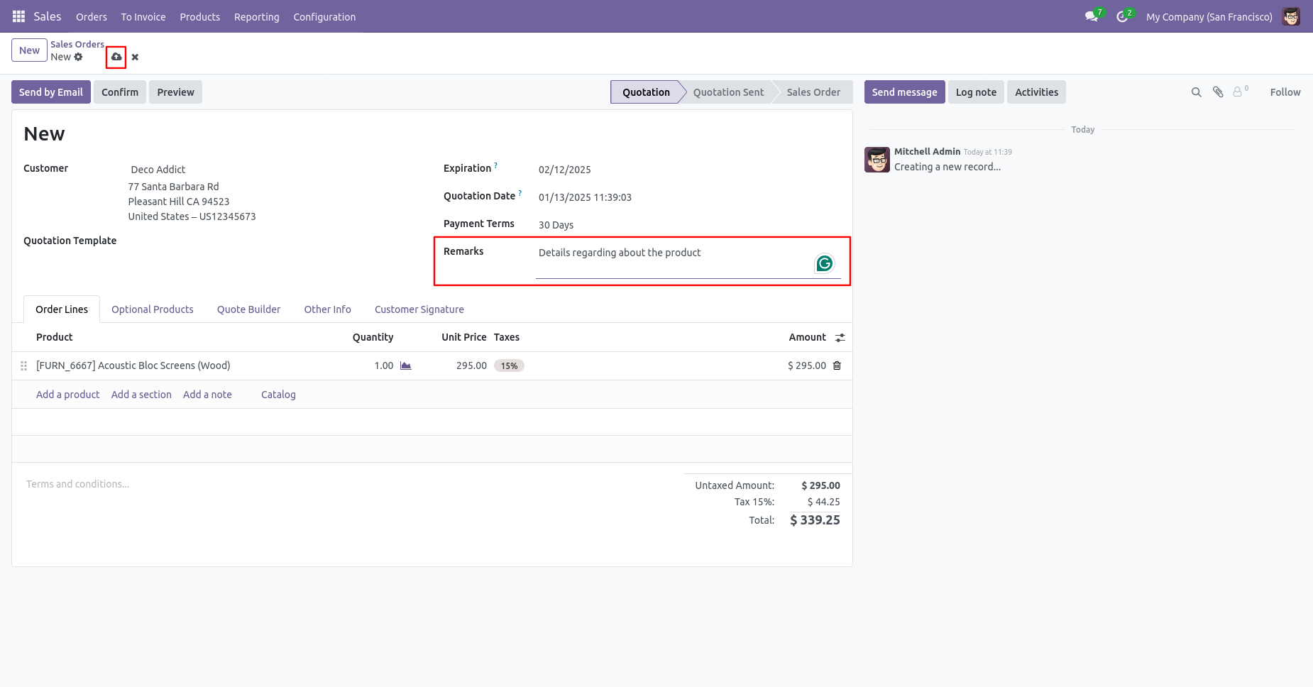 Odoo sales order with backdate remarks