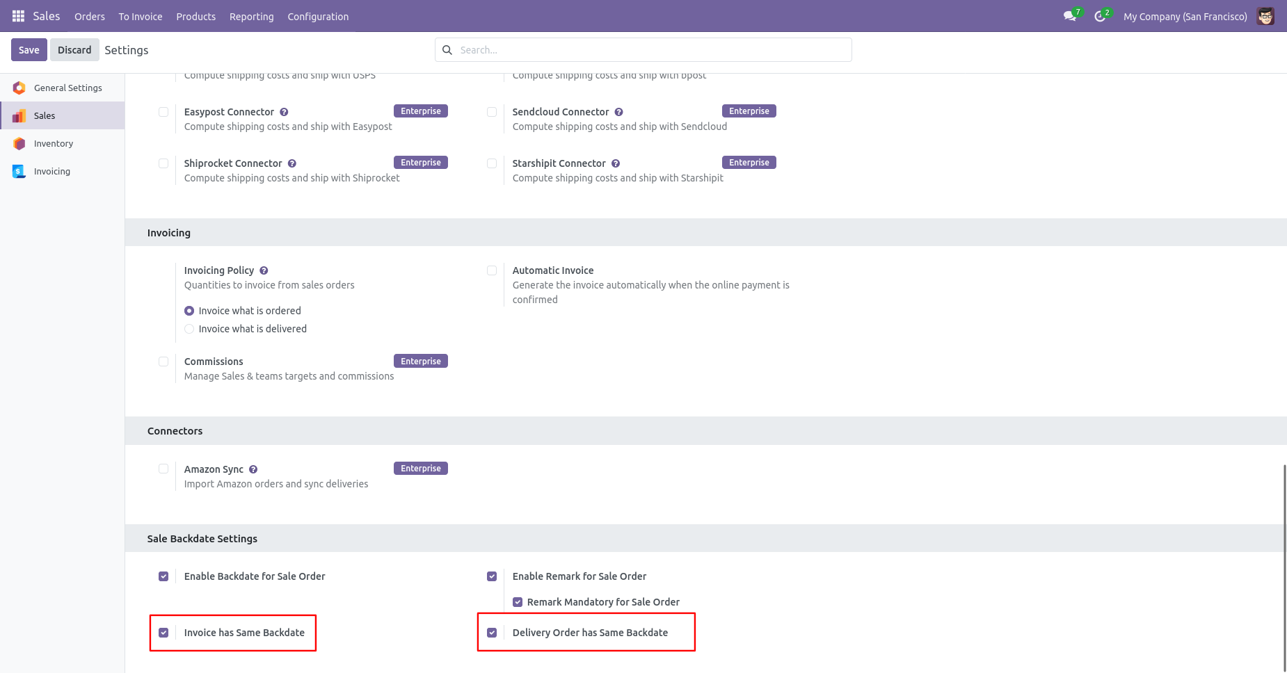Odoo settings for invoice and delivery backdate