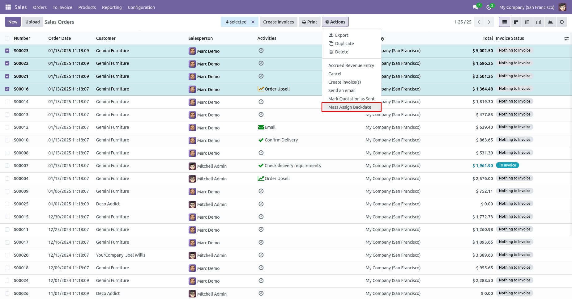 Odoo sales order list with Mass Assign Backdate