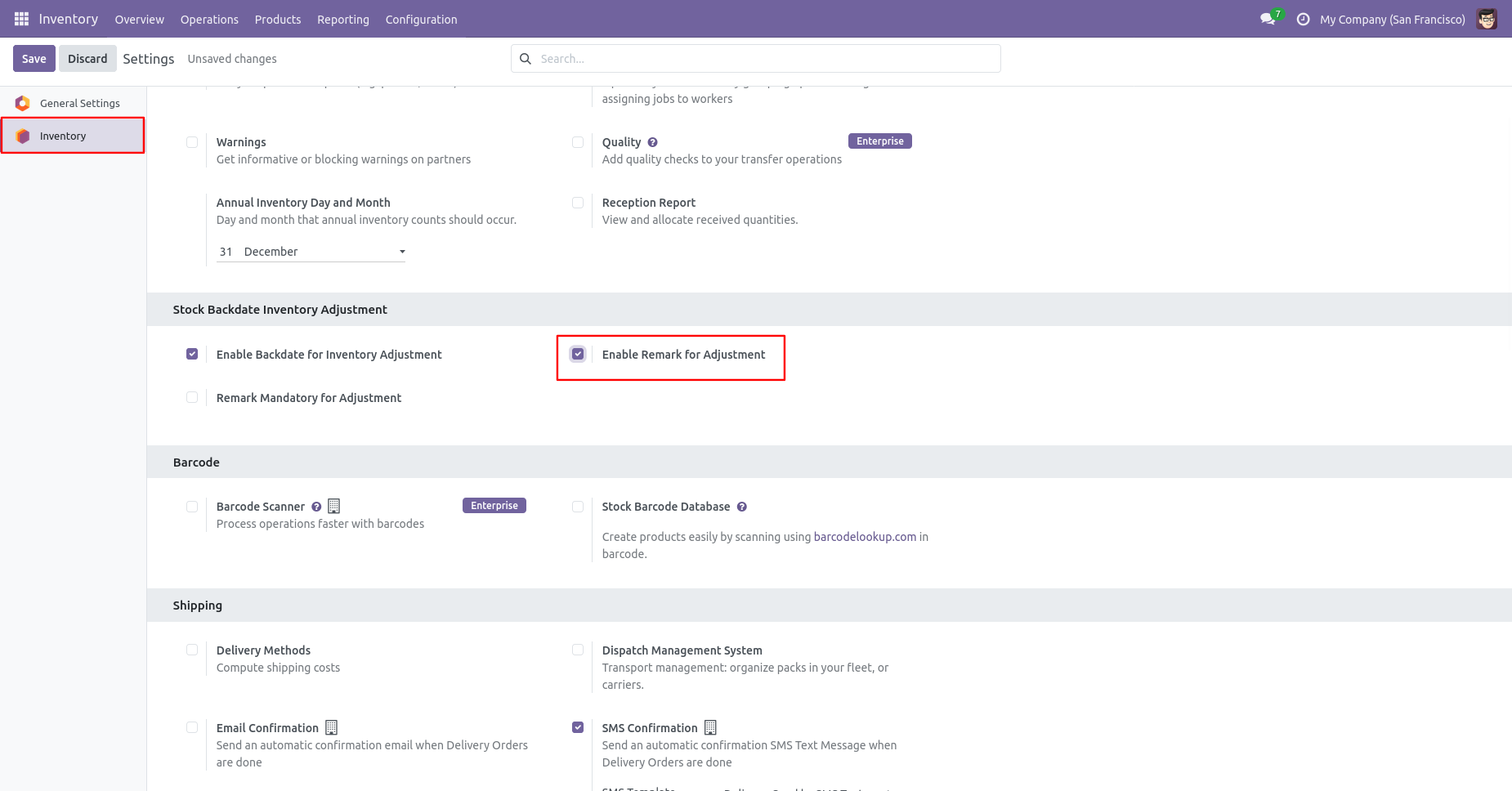 Odoo Inventory Adjustment settings with remarks