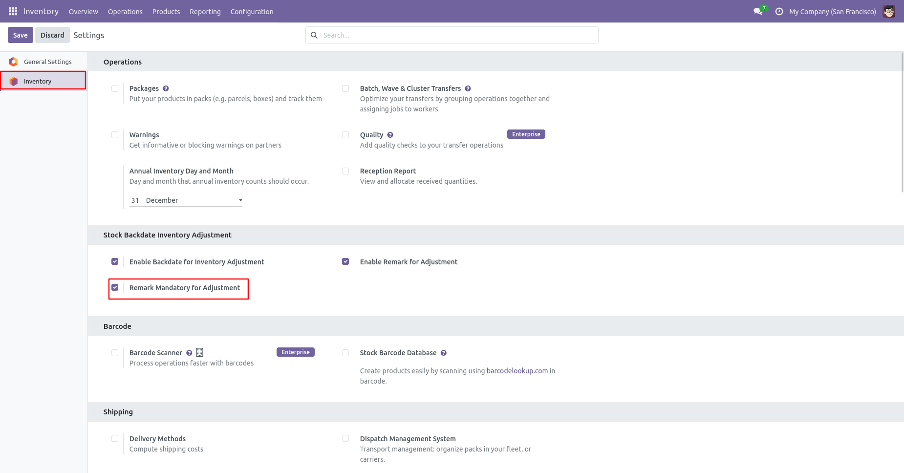 Odoo Inventory Adjustment settings with mandatory remarks