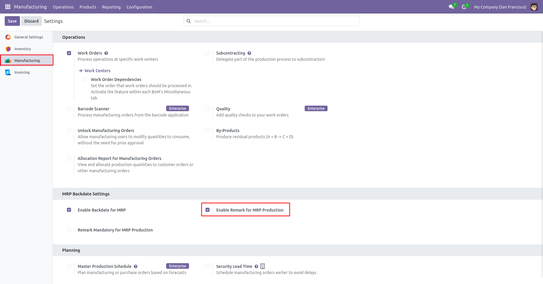 Odoo Manufacturing settings with remarks option