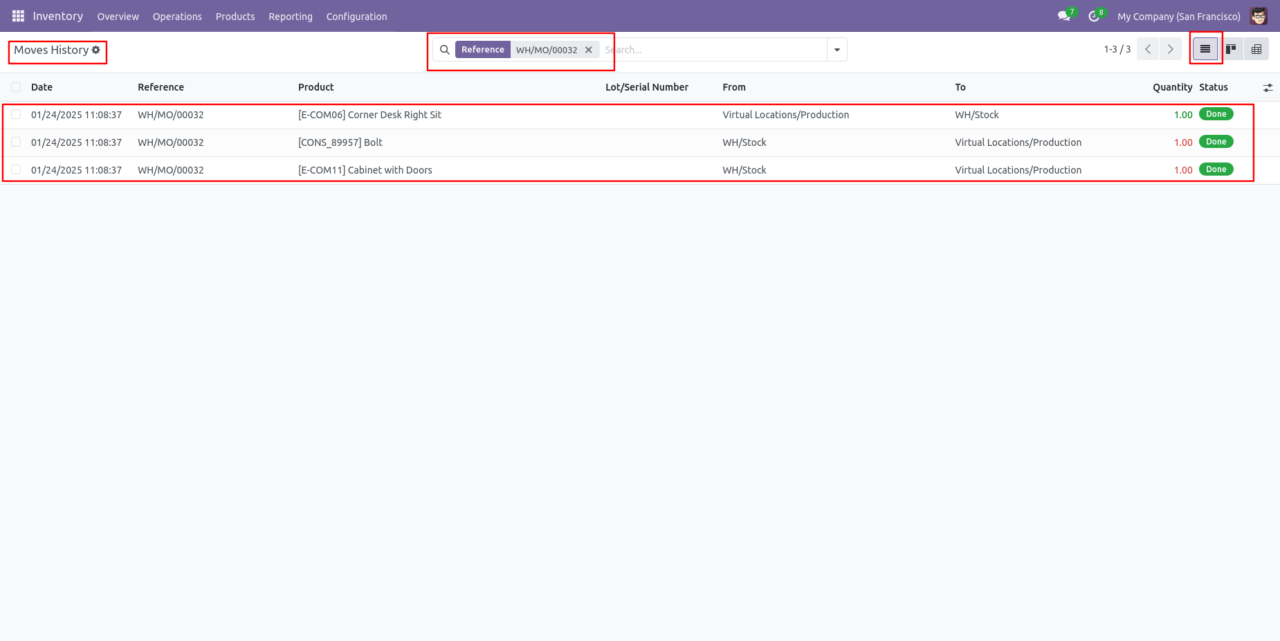 Odoo MRP moves history