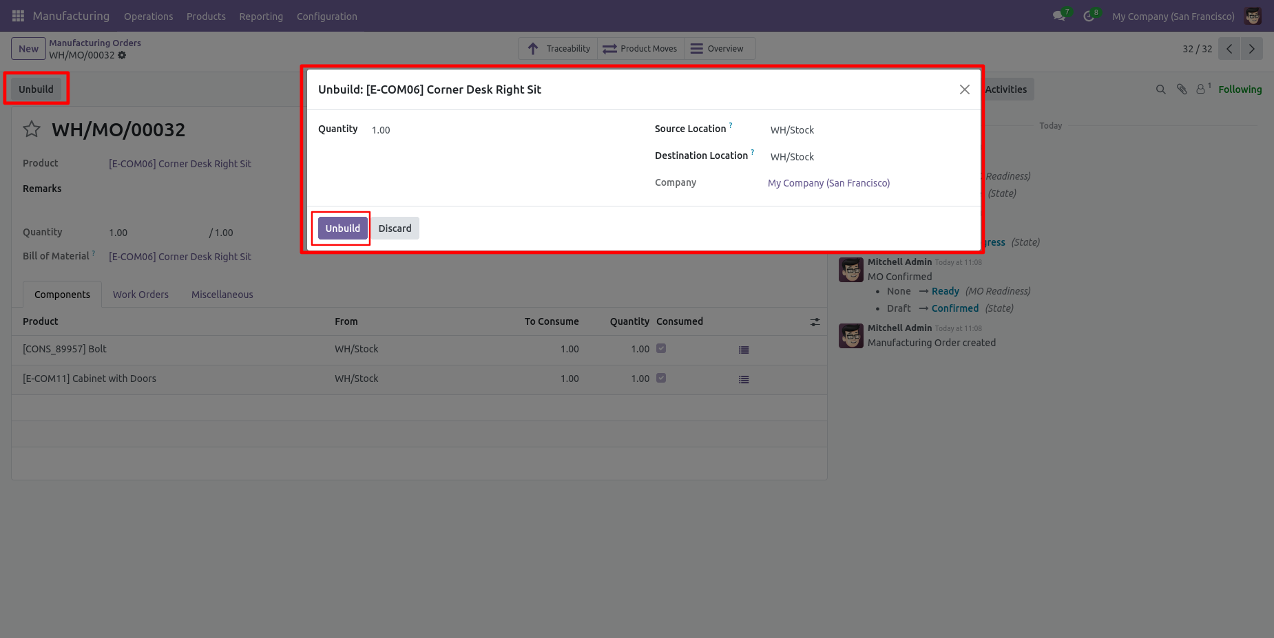 Odoo MRP Unbuild wizard