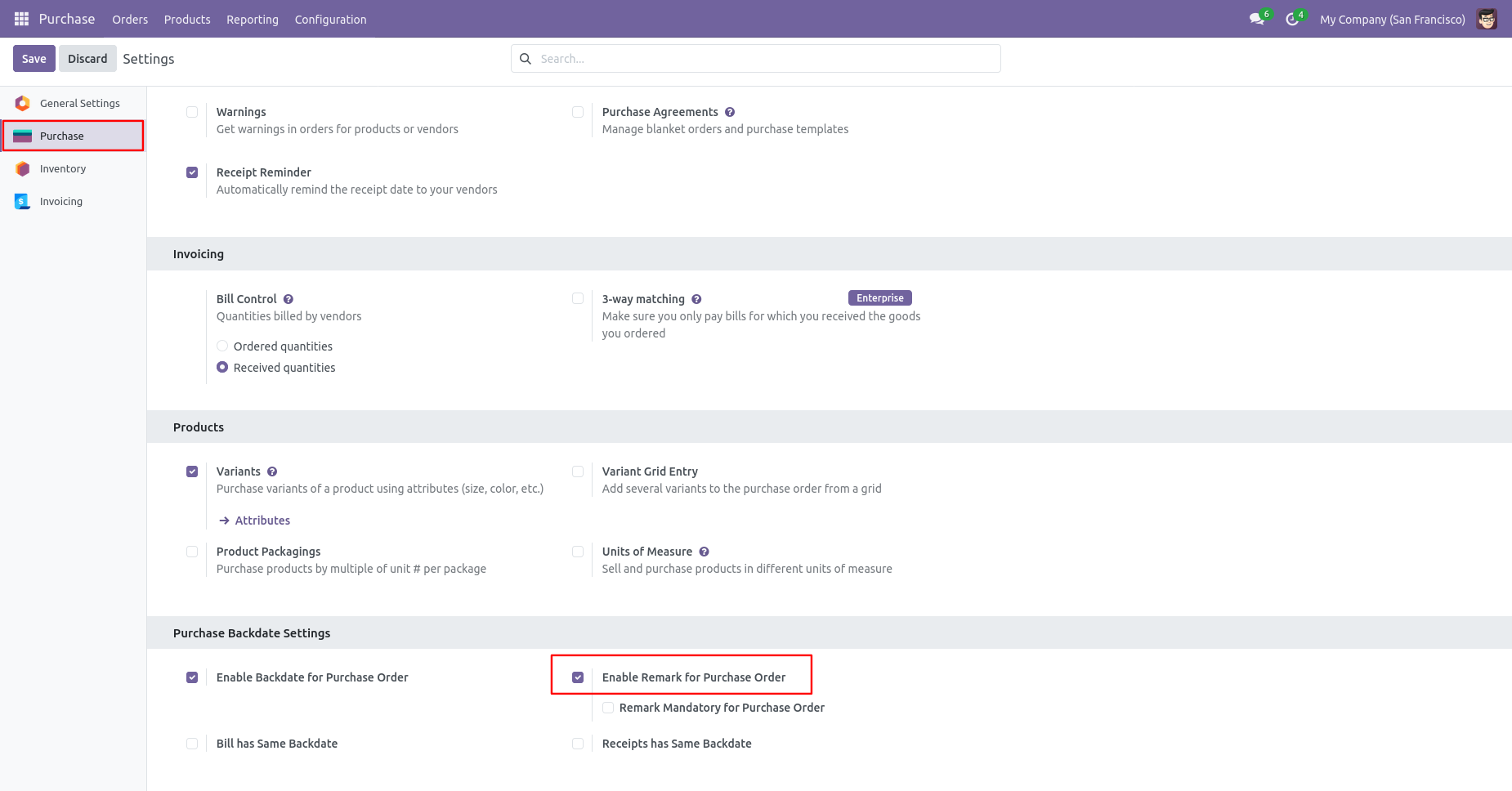 Odoo Purchase settings with remarks option