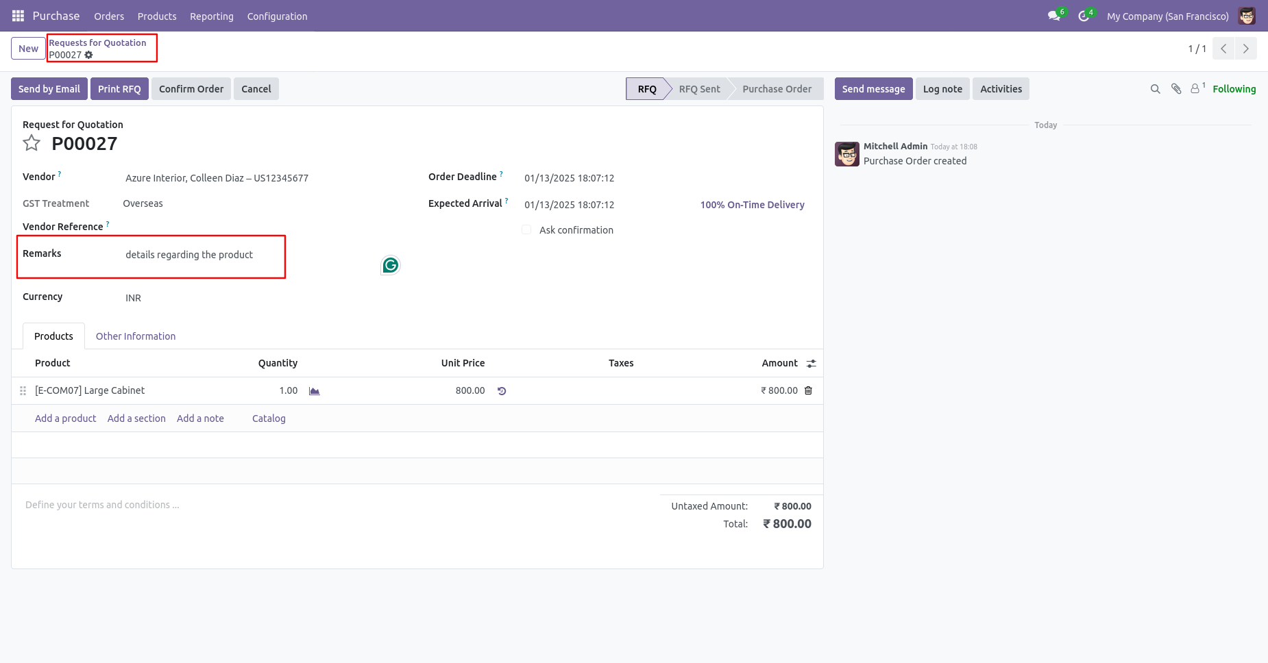 Odoo purchase order with backdate remarks