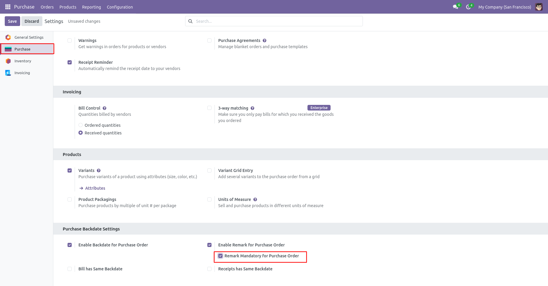 Odoo Purchase settings with mandatory remarks