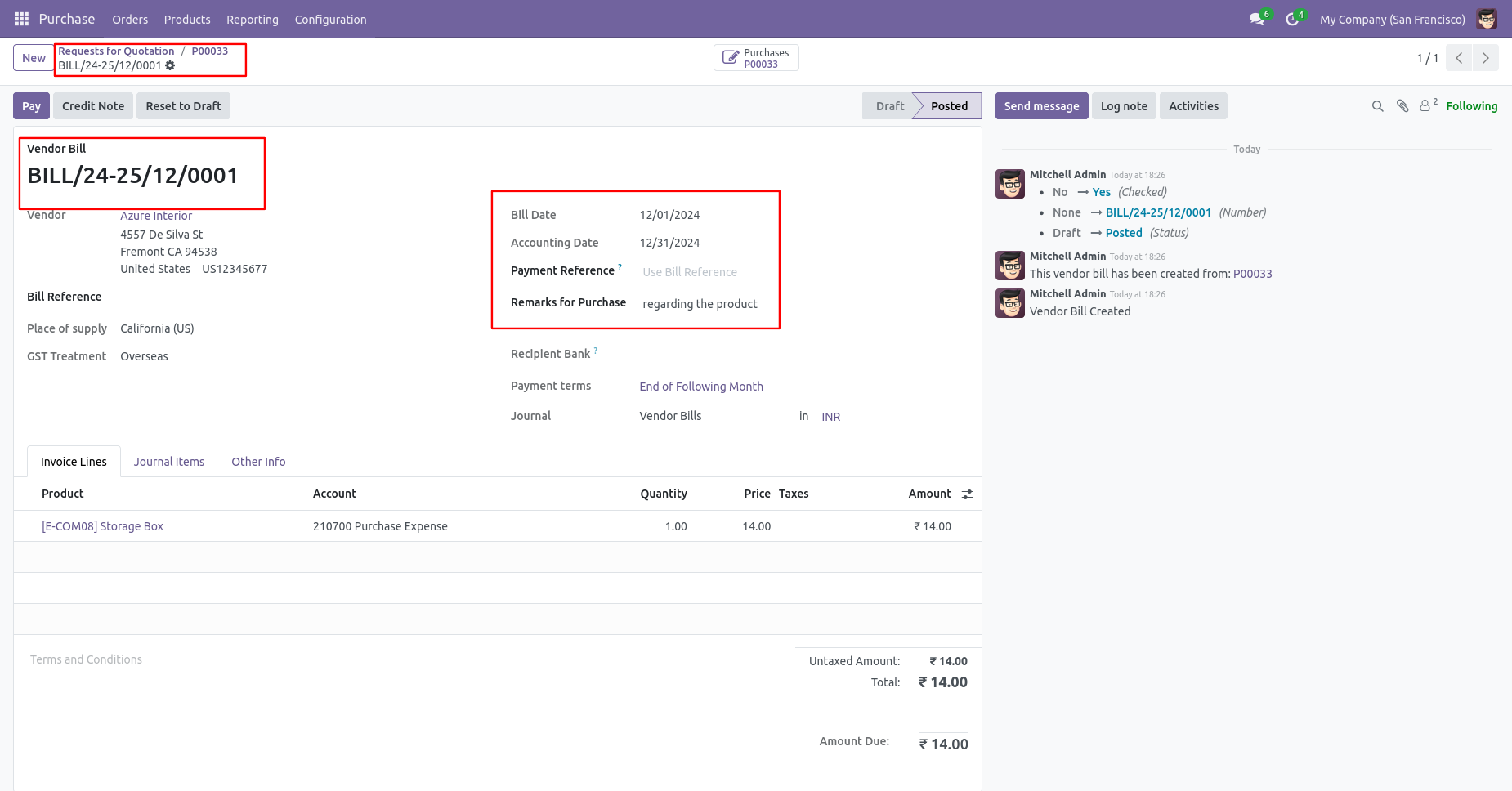 Odoo bill with backdate and remarks
