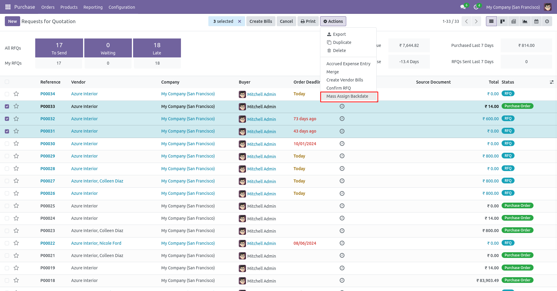 Odoo purchase order list with Mass Assign Backdate