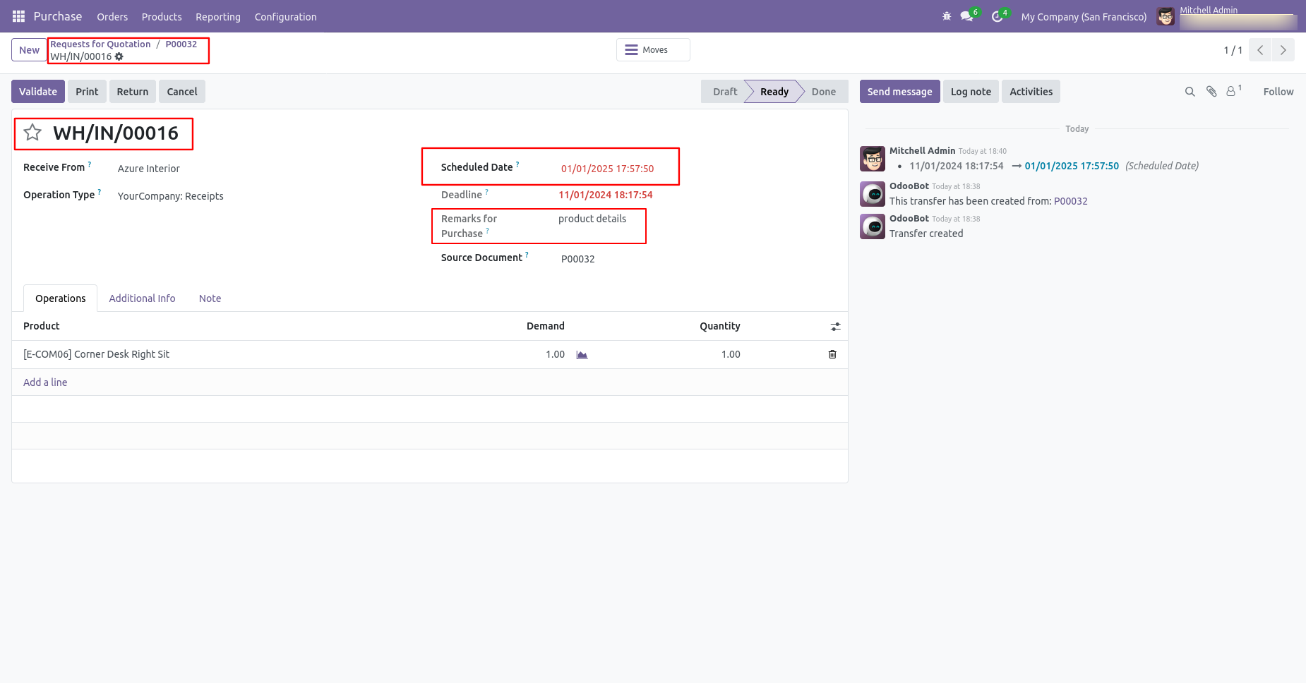 Odoo receipt with backdate and remarks