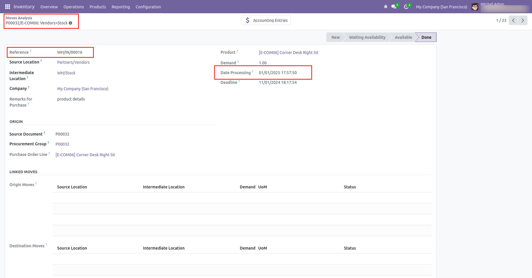 Odoo stock move with backdate and remarks