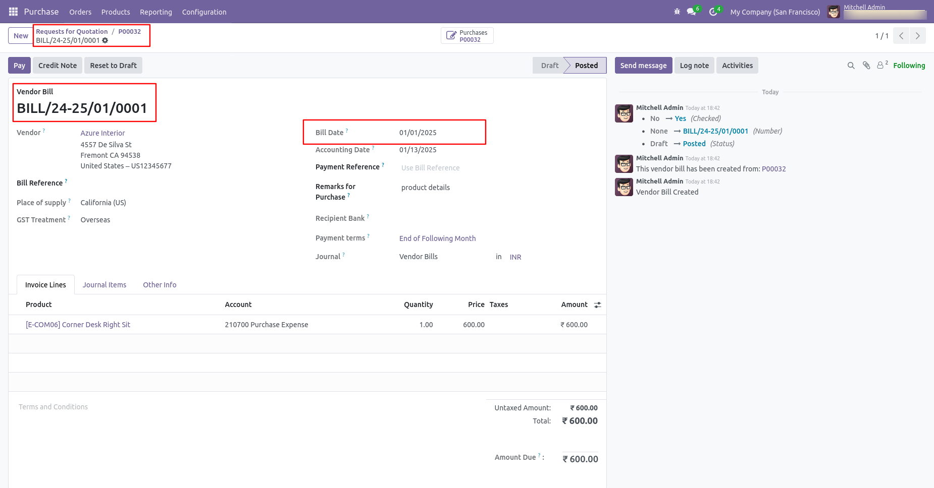 Odoo bill with backdate and remarks