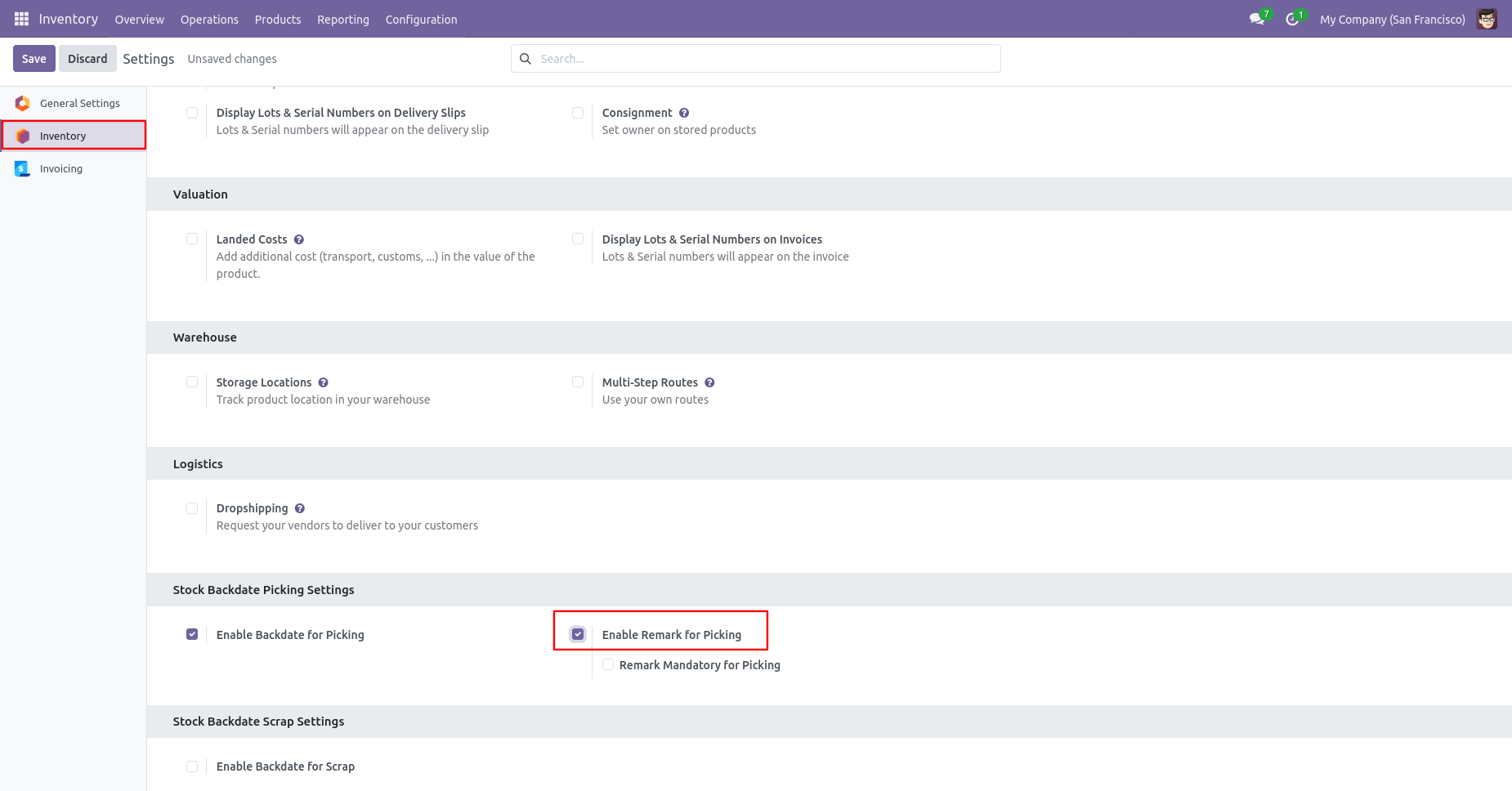 Odoo Inventory settings with remarks option