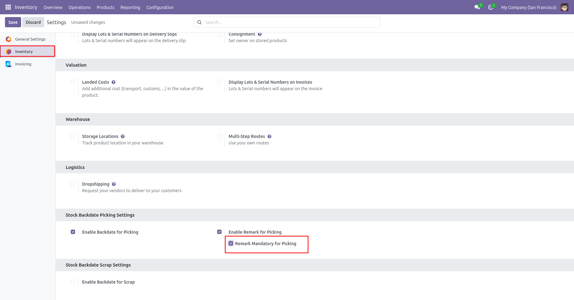 Odoo Inventory settings with mandatory remarks