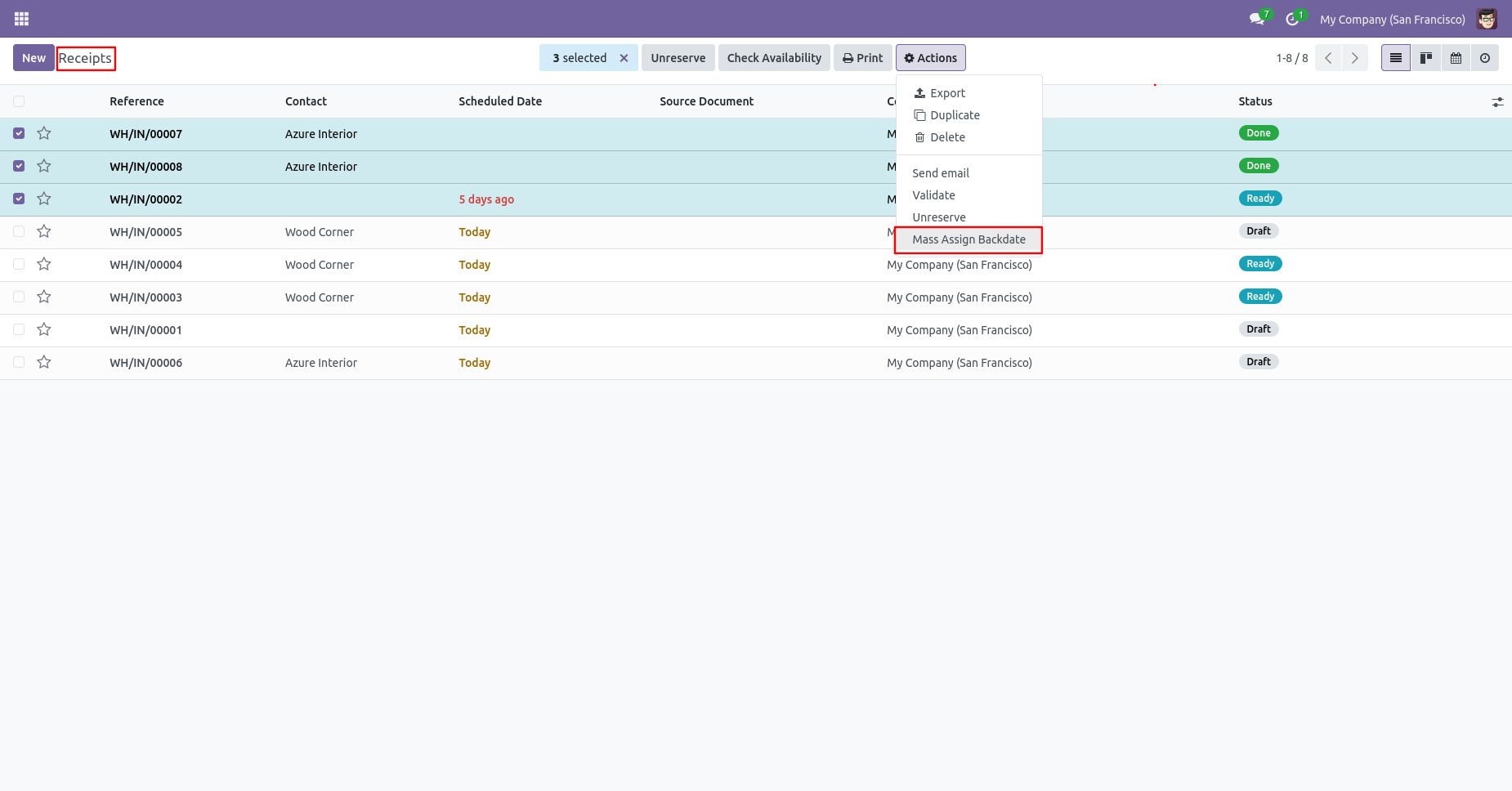 Odoo inventory list with Mass Assign Backdate