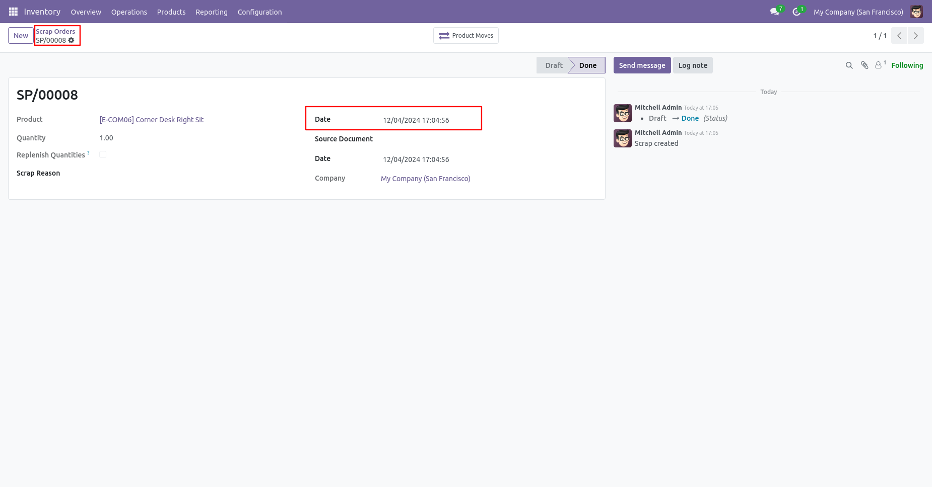 Odoo scrap order form with backdate