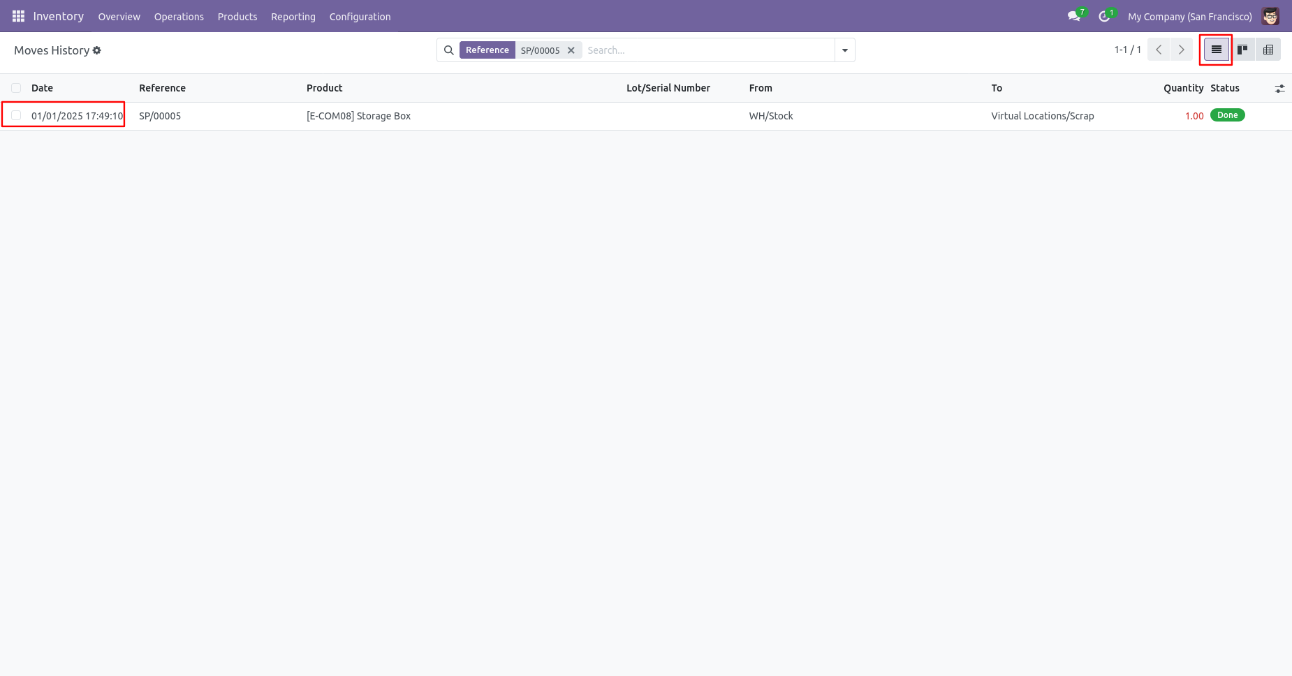 Odoo scrap moves history with backdate