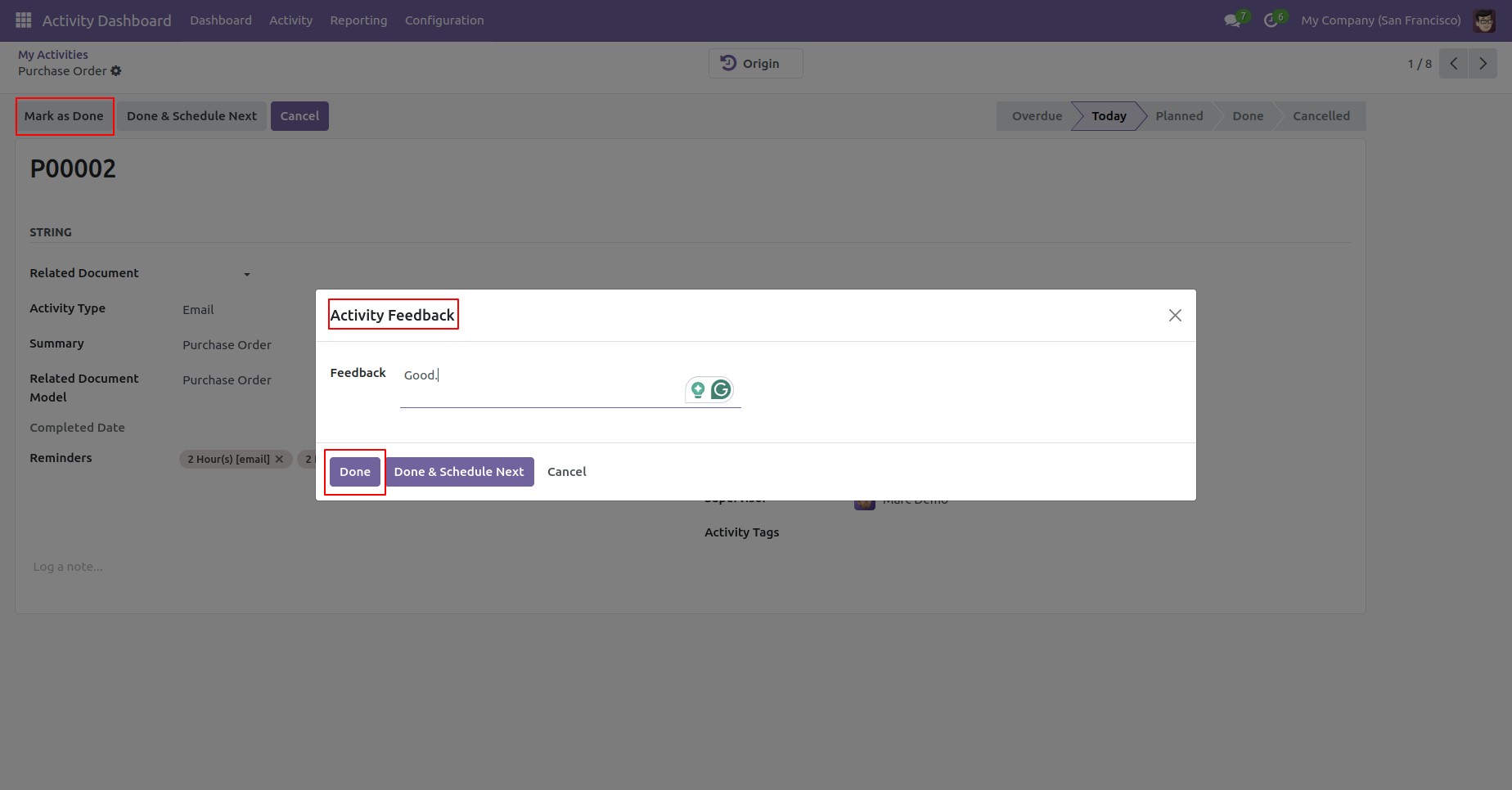 Activity feedback form after marking an activity as done