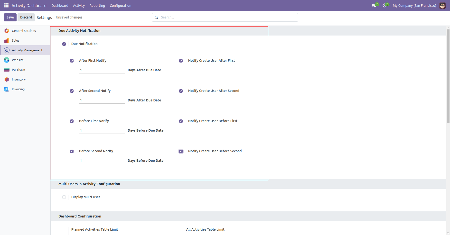 Due activity notification configuration