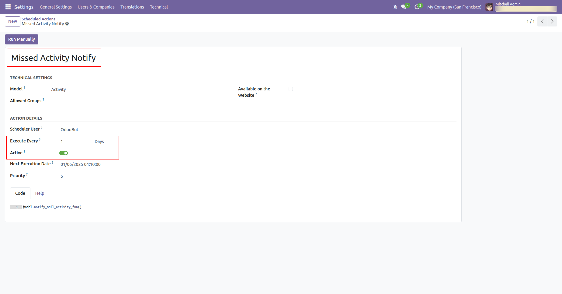 Missed activity notification scheduled action