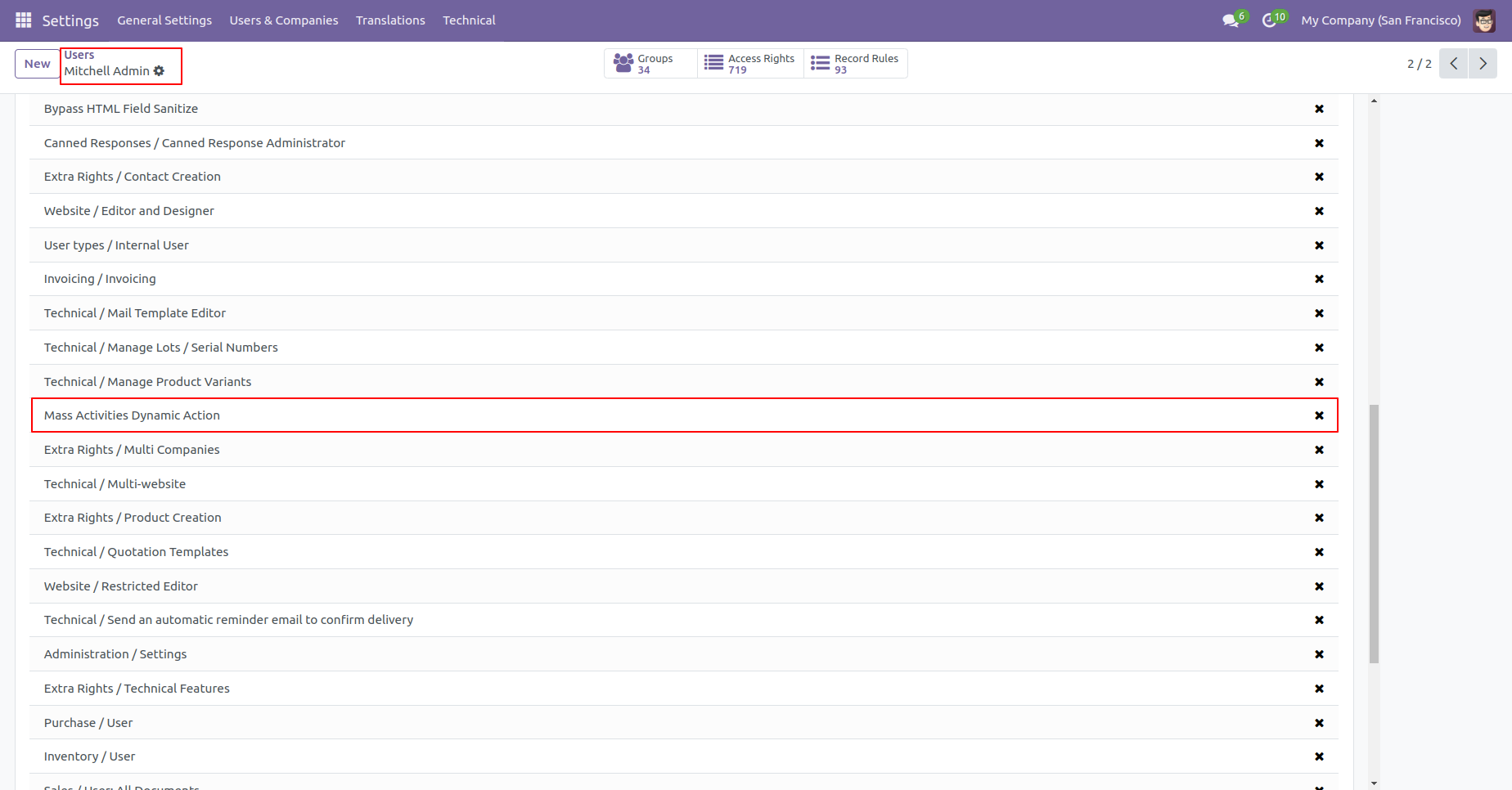 Mass activities dynamic action user settings