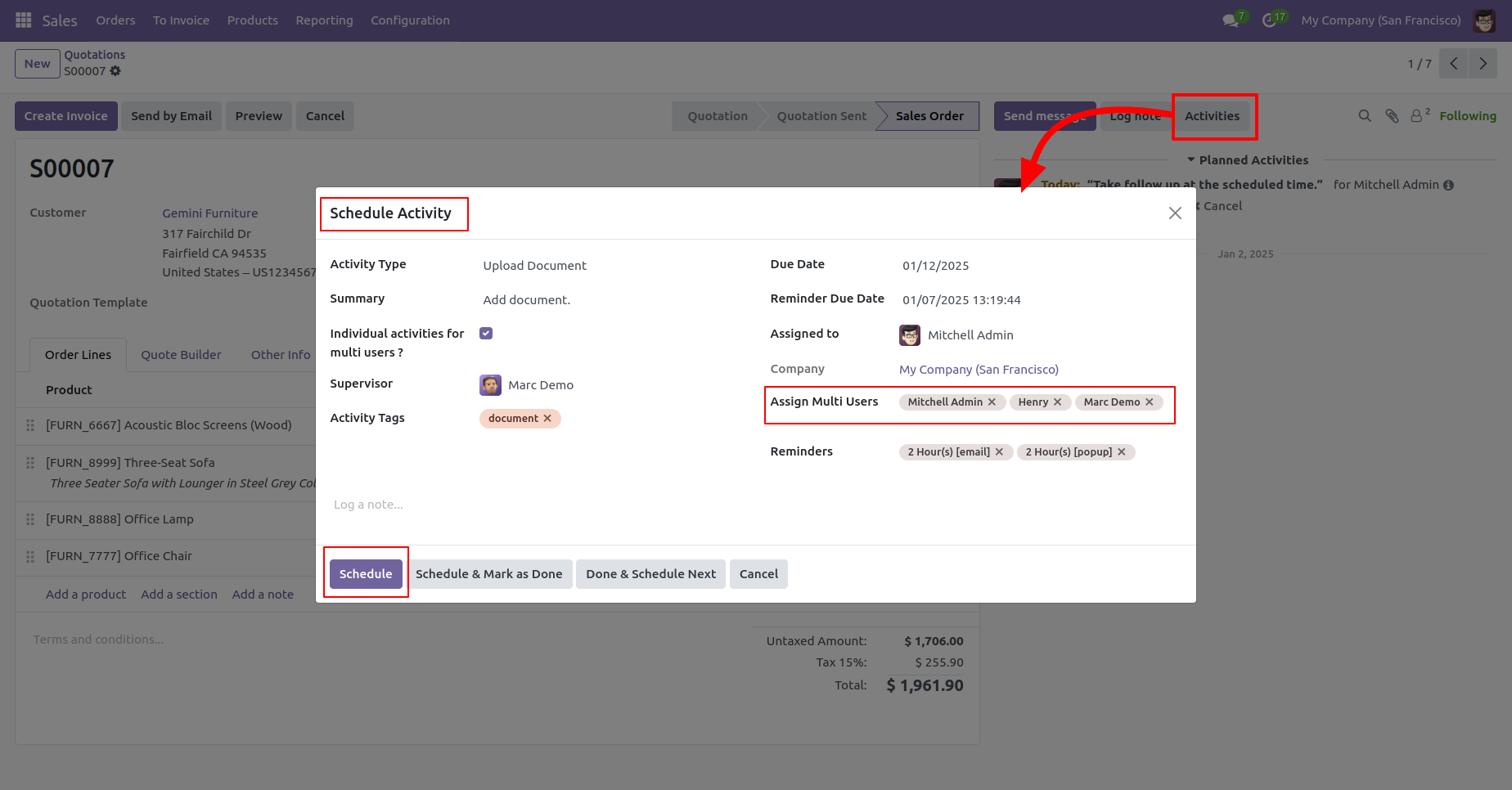 Activity scheduling with multi-user assignment