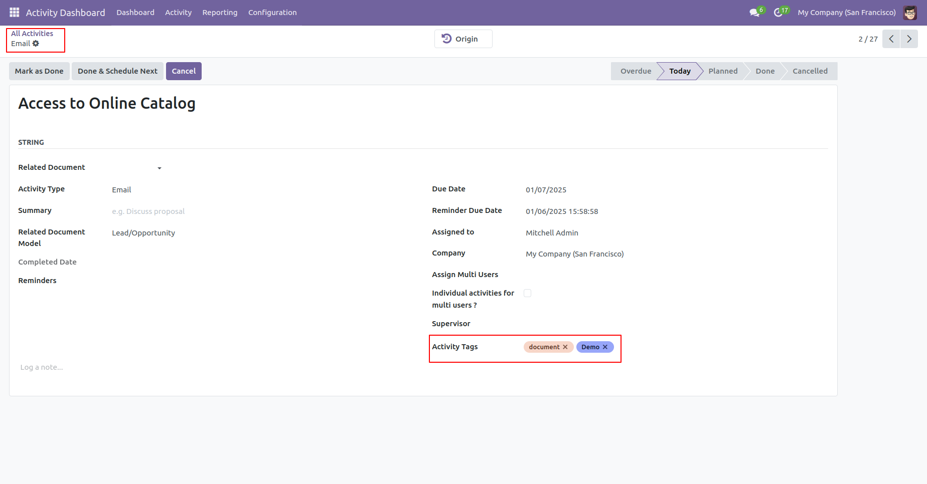 Activity form with activity tags