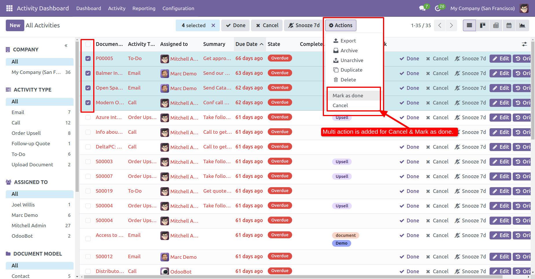 Multiple activities with Mark as Done and Cancel options