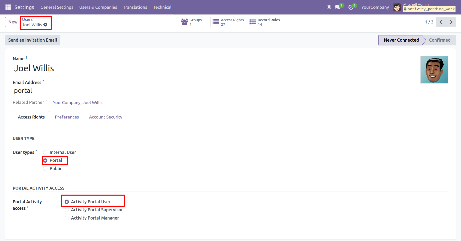 Portal activity access configuration