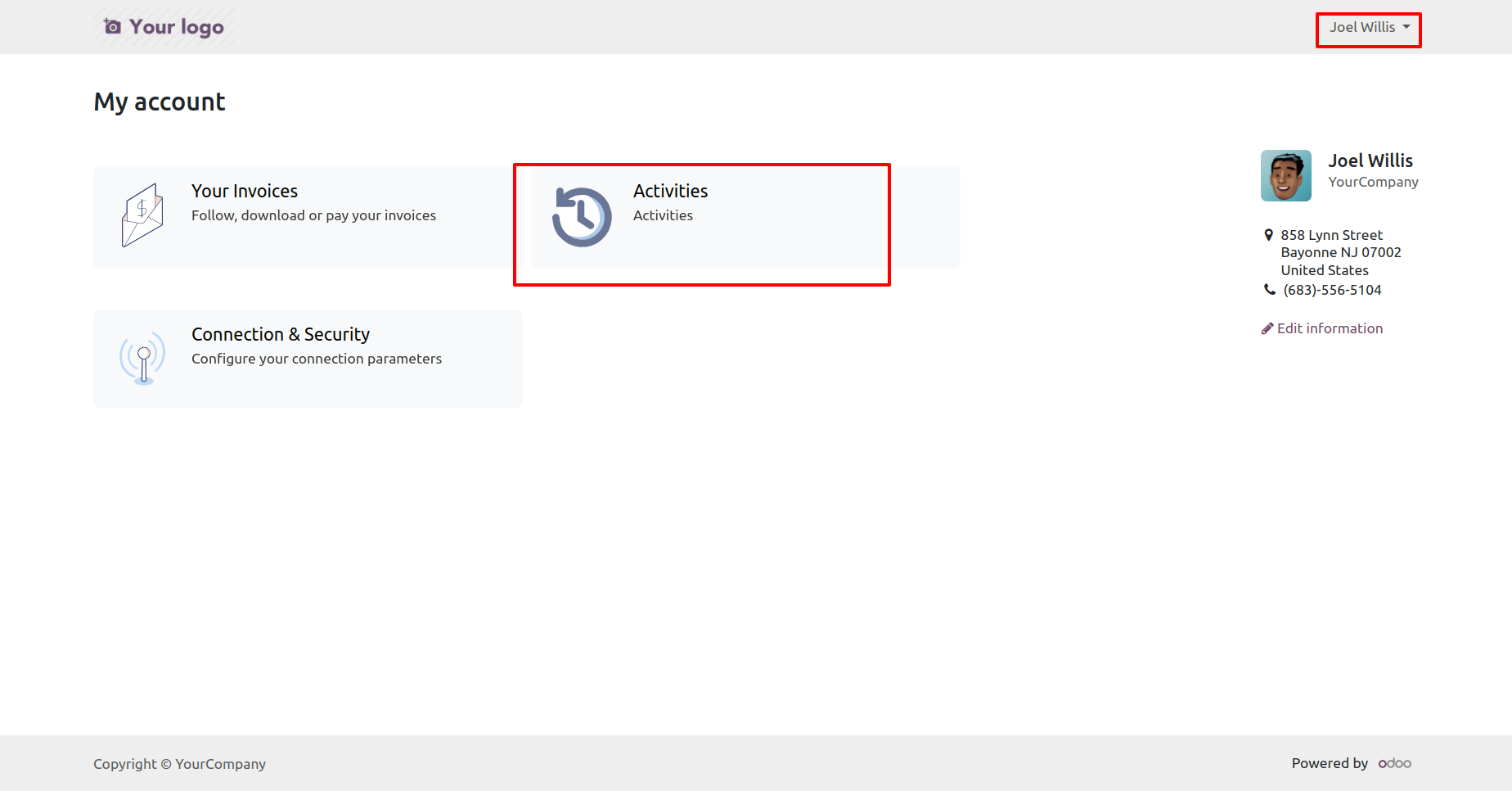 Activities menu in the portal