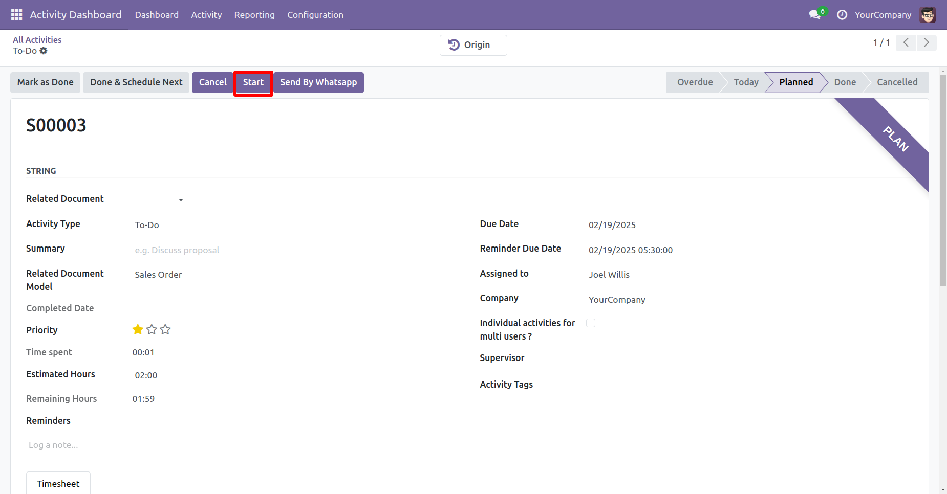 Activity timer start option