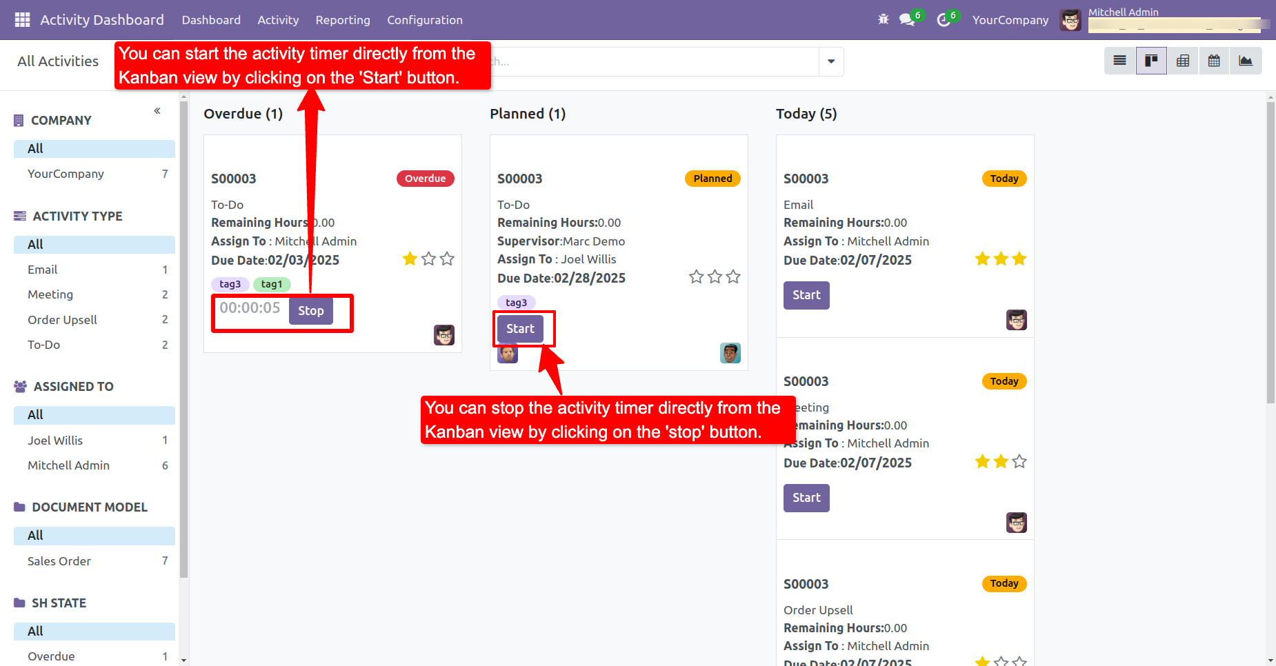 Activity timer in Kanban view