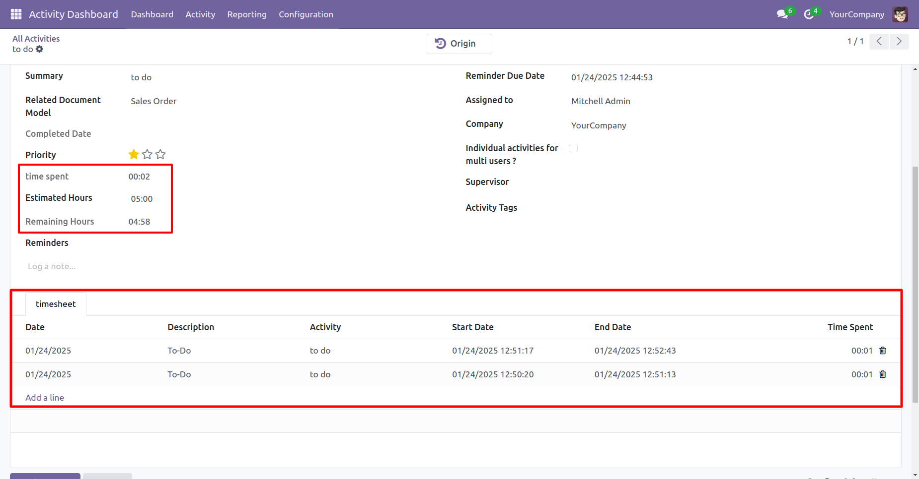 Activity time tracking with estimated and remaining hours
