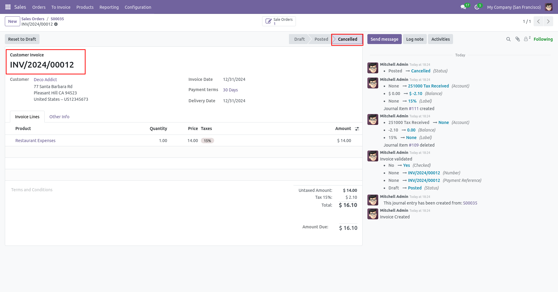 Odoo cancelled sales invoice