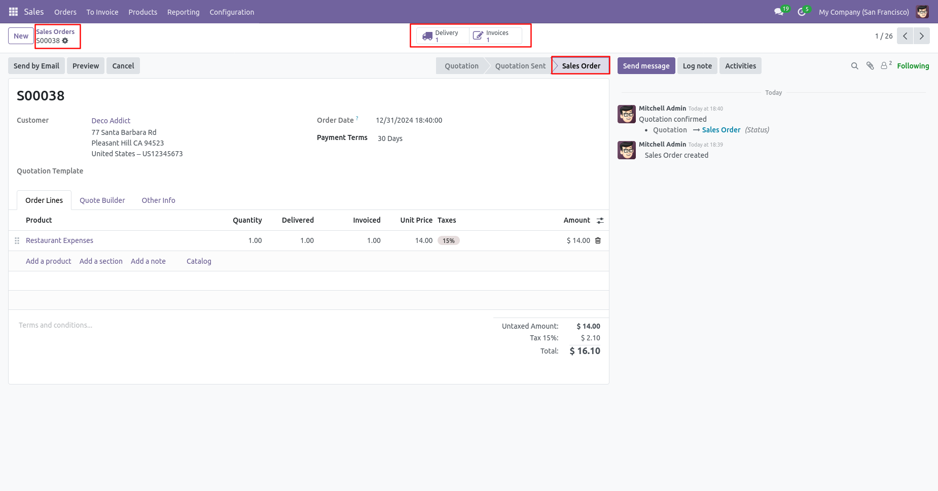 Odoo sale order with delivery and invoice
