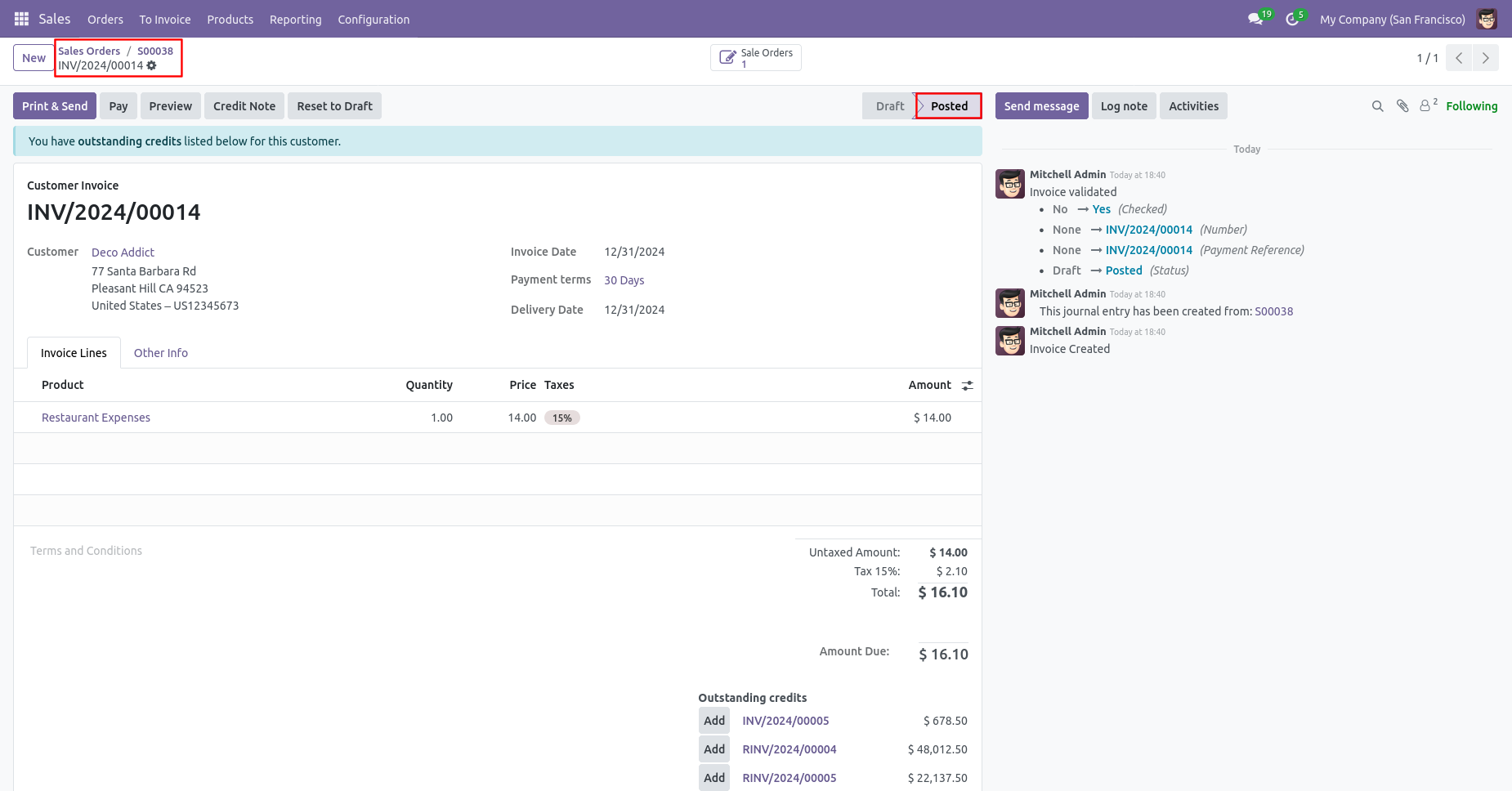 Odoo draft sales invoice
