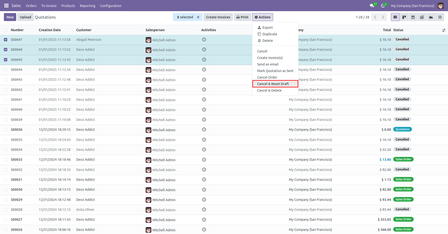 Odoo multiple sale orders selected to reset draft