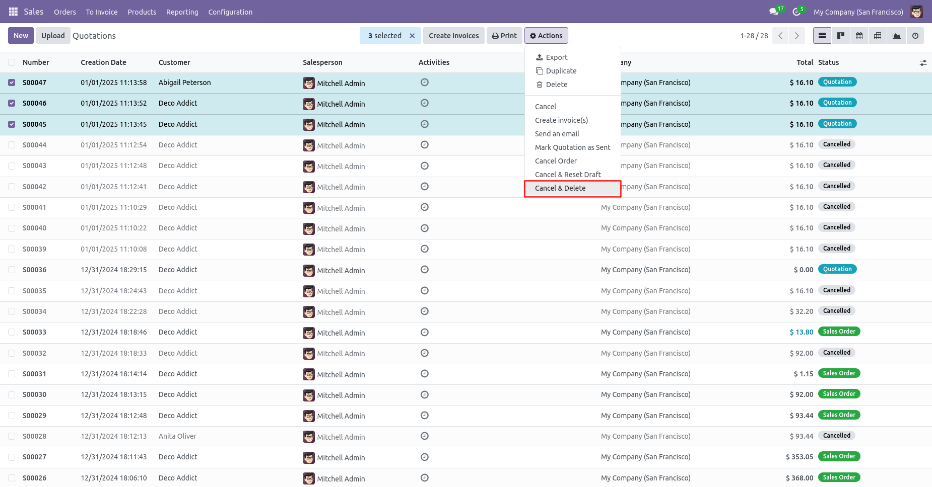 Odoo Cancel And Delete multiple sale orders