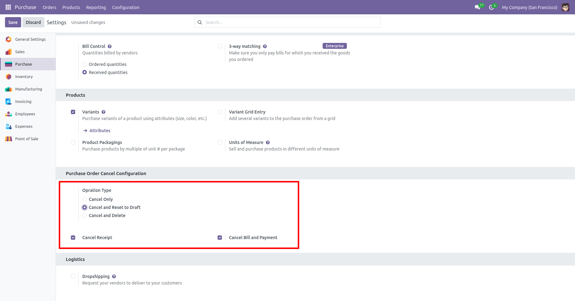 Purchase cancellation and reset configuration