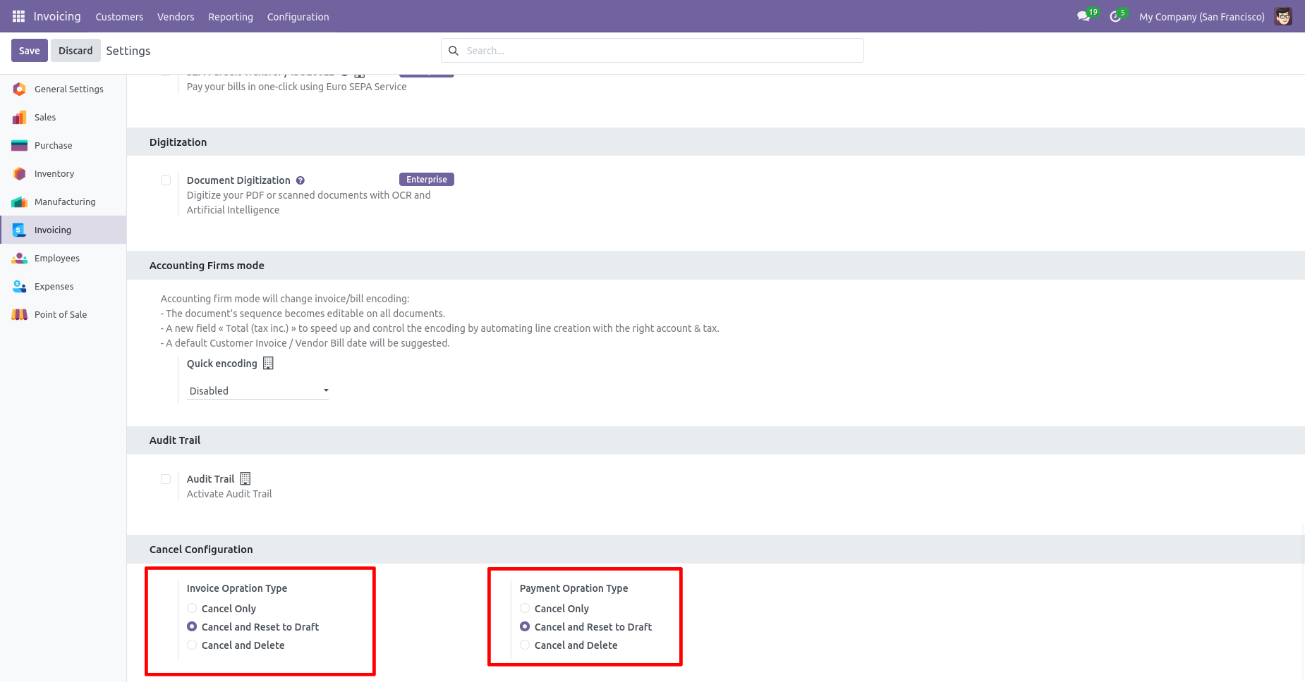 Invoice cancellation and reset configuration