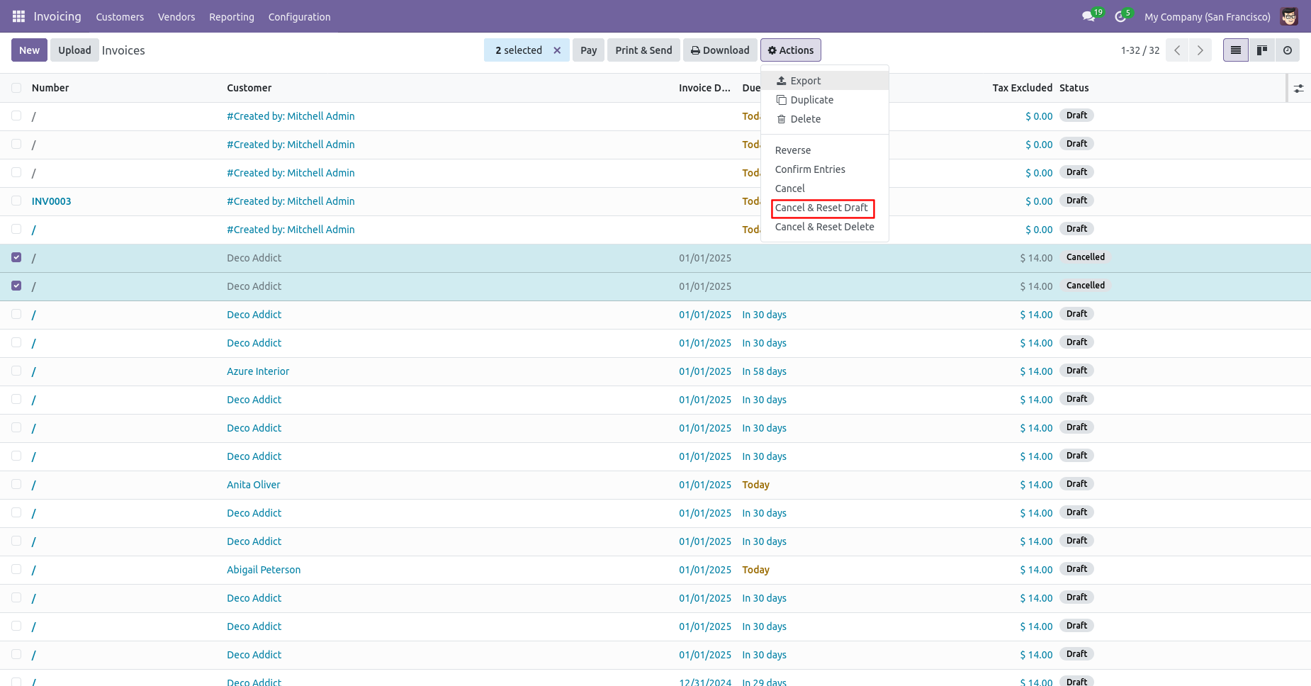 Invoices selected to reset to draft