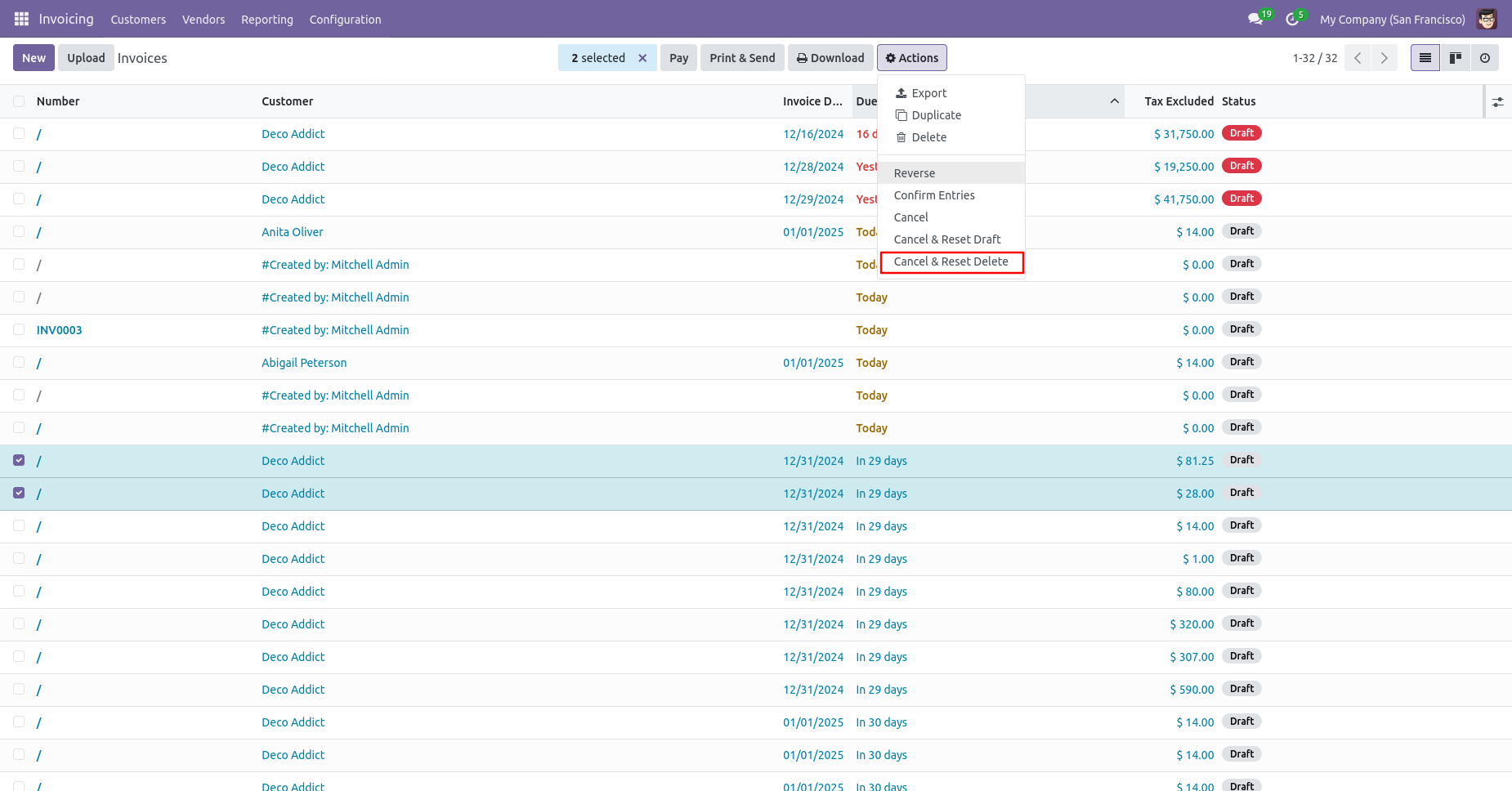 Cancel and delete multiple invoices