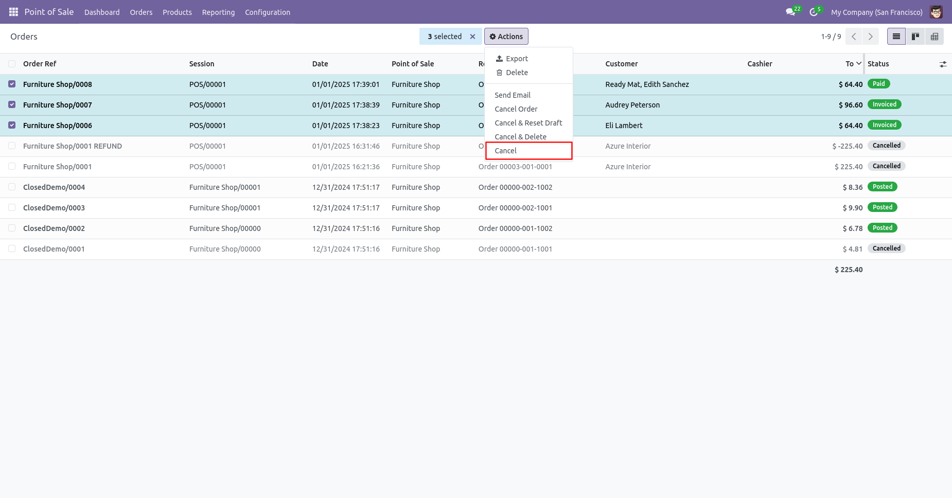 Multiple POS orders selected
