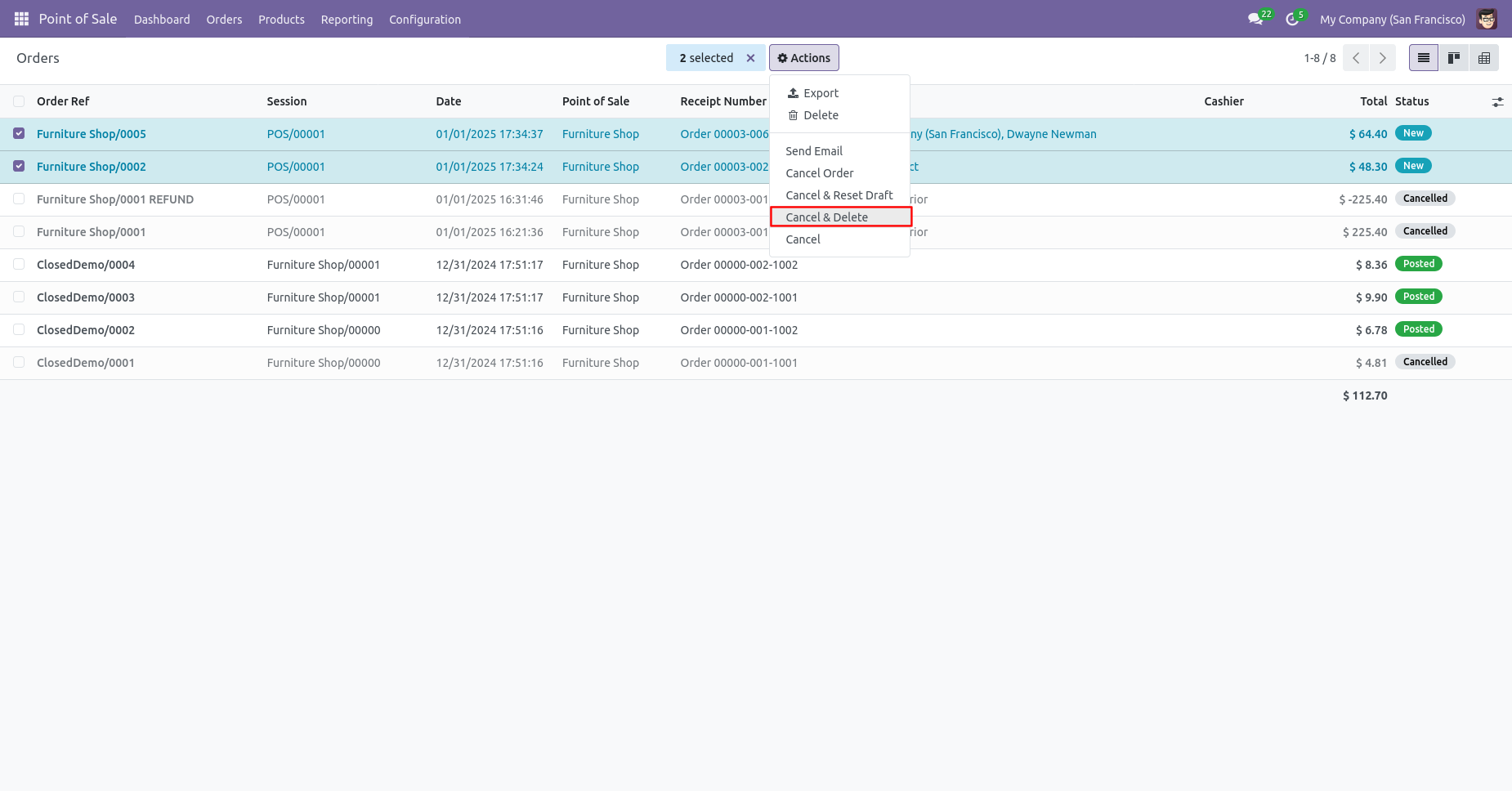 Cancel and delete multiple POS orders