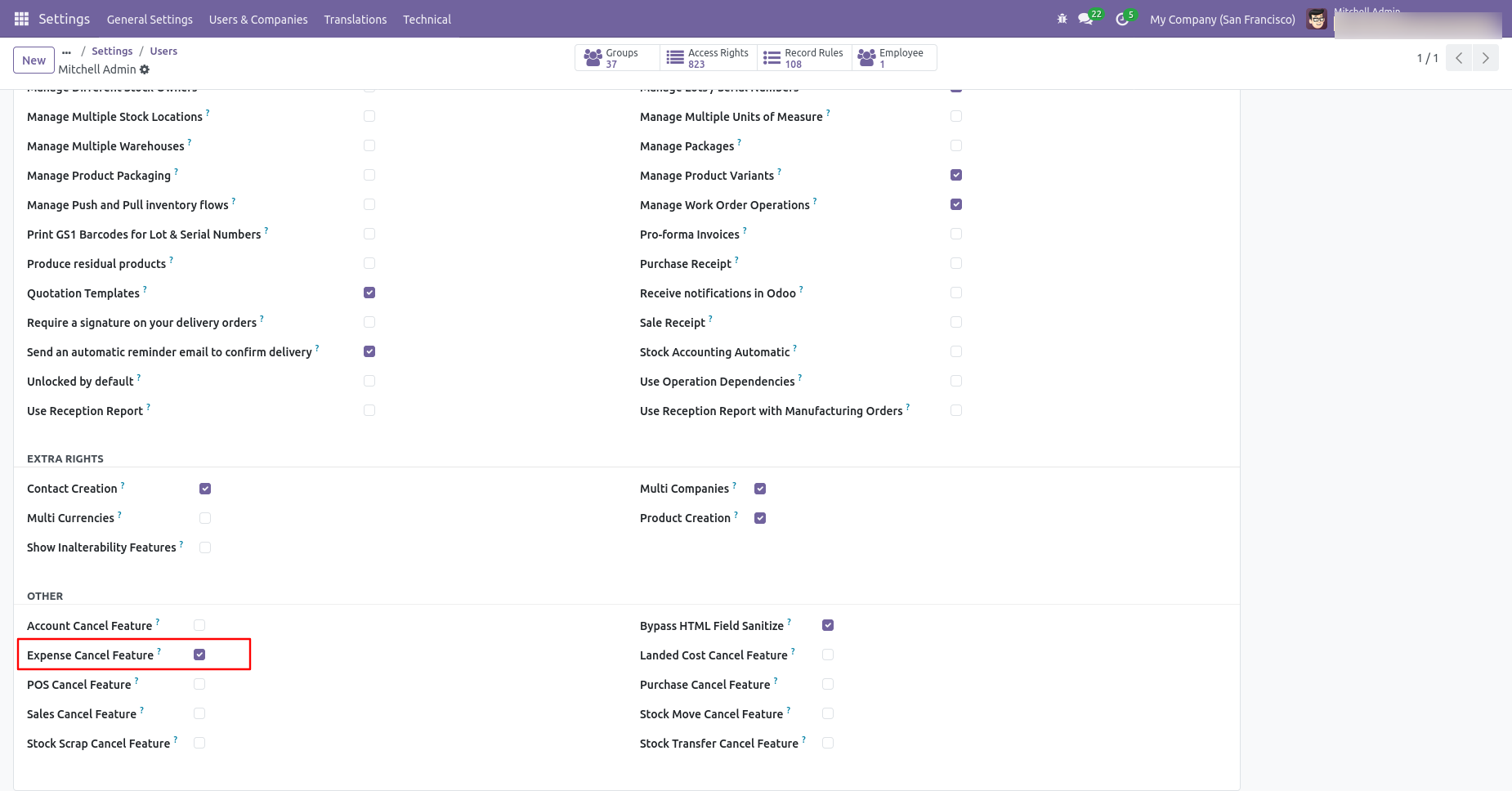Expense cancellation feature configuration