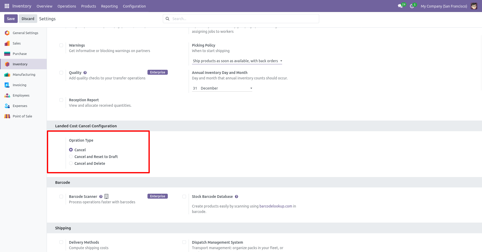 Landed cost cancellation configuration
