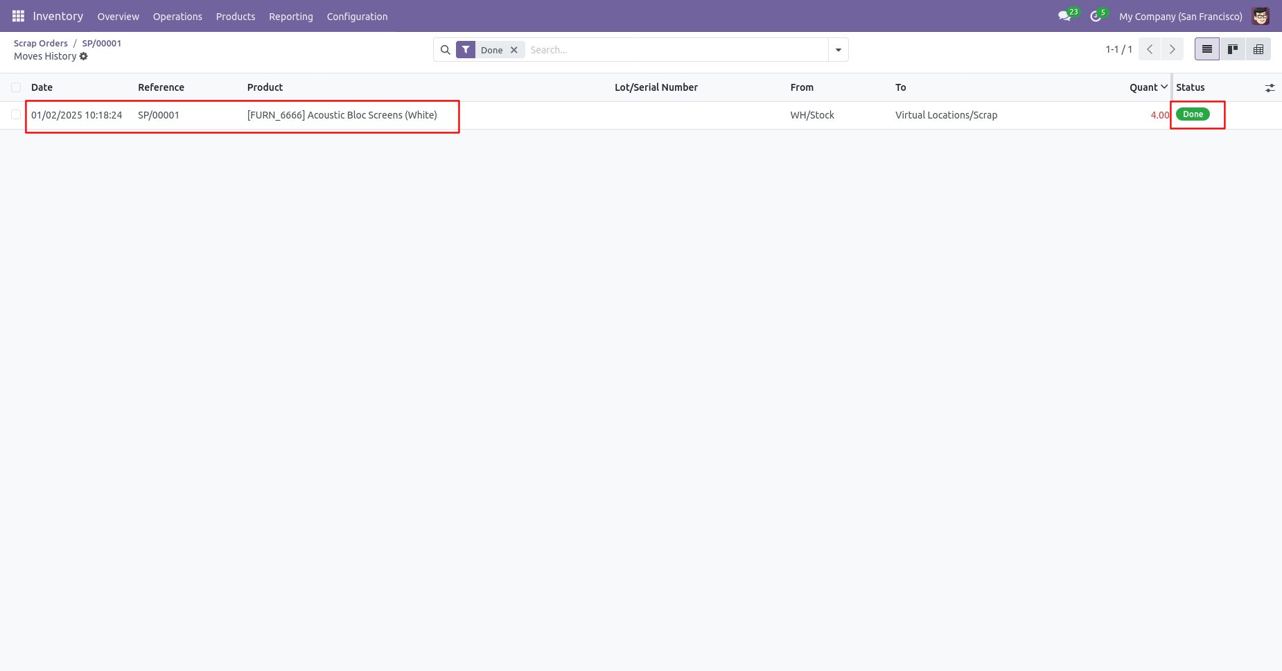 Completed scrap order move history