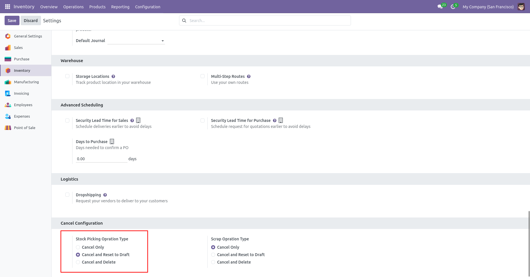 Inventory transfer cancellation configuration