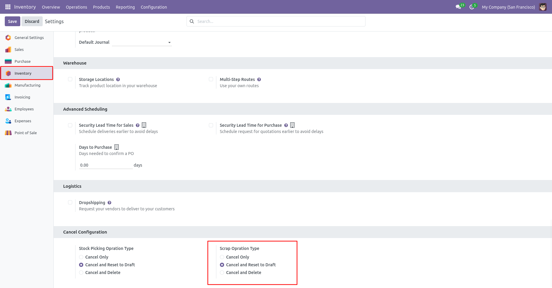 Scrap order cancellation configuration