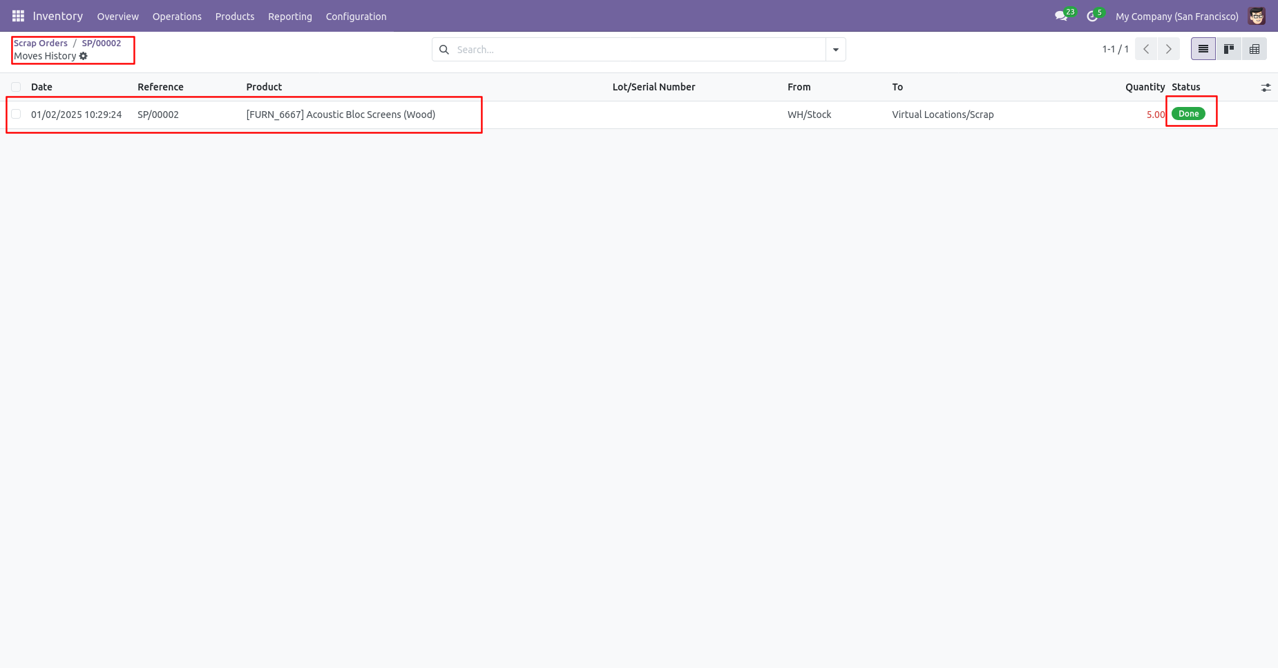 Completed scrap order move history